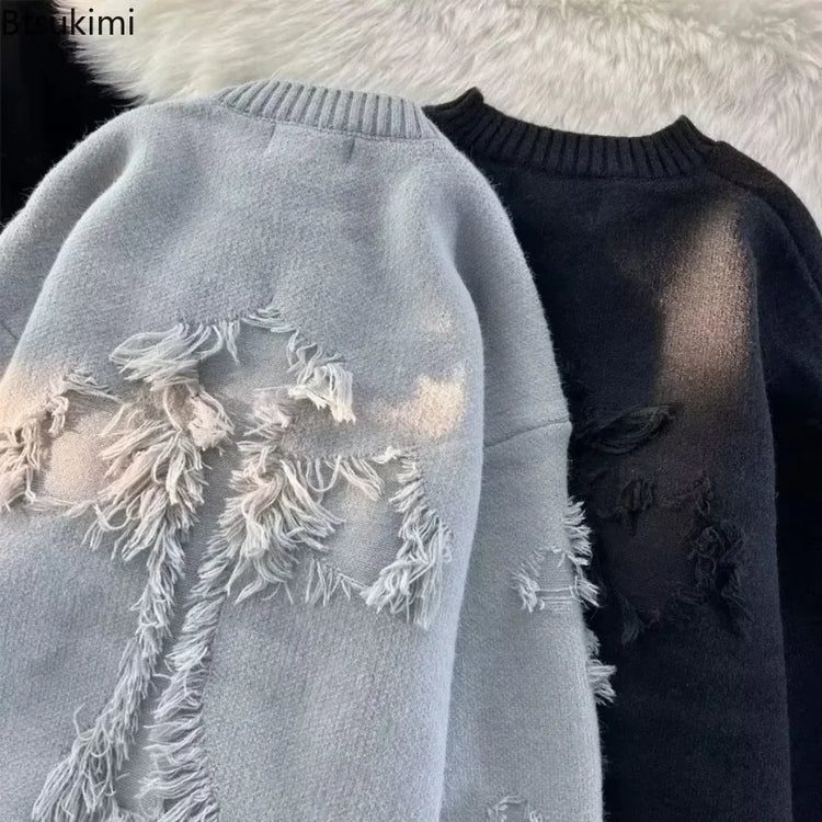 2026 Street Style Broken Holes Sweaters for Men Autumn Winter Thick Knitted O Neck Pullovers Vintage Casual Couple Sweater Coats