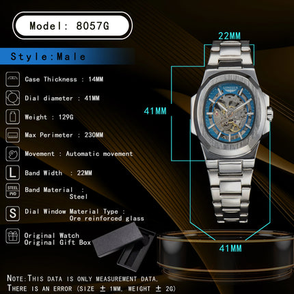 LONGLUX Men Automatic Mechanical Watch Luxury Watches Waterproof Skeleton Business Cheap Wholesale Stainless Steel Gift Watch