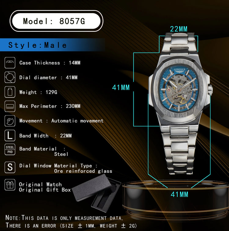 LONGLUX Men Automatic Mechanical Watch Luxury Watches Waterproof Skeleton Business Cheap Wholesale Stainless Steel Gift Watch