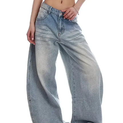 Jeans Casual Vintage Y2k con Ricami, Blu, Vita Alta, Gamba Larga, Stile Americano Retrò Anni '90