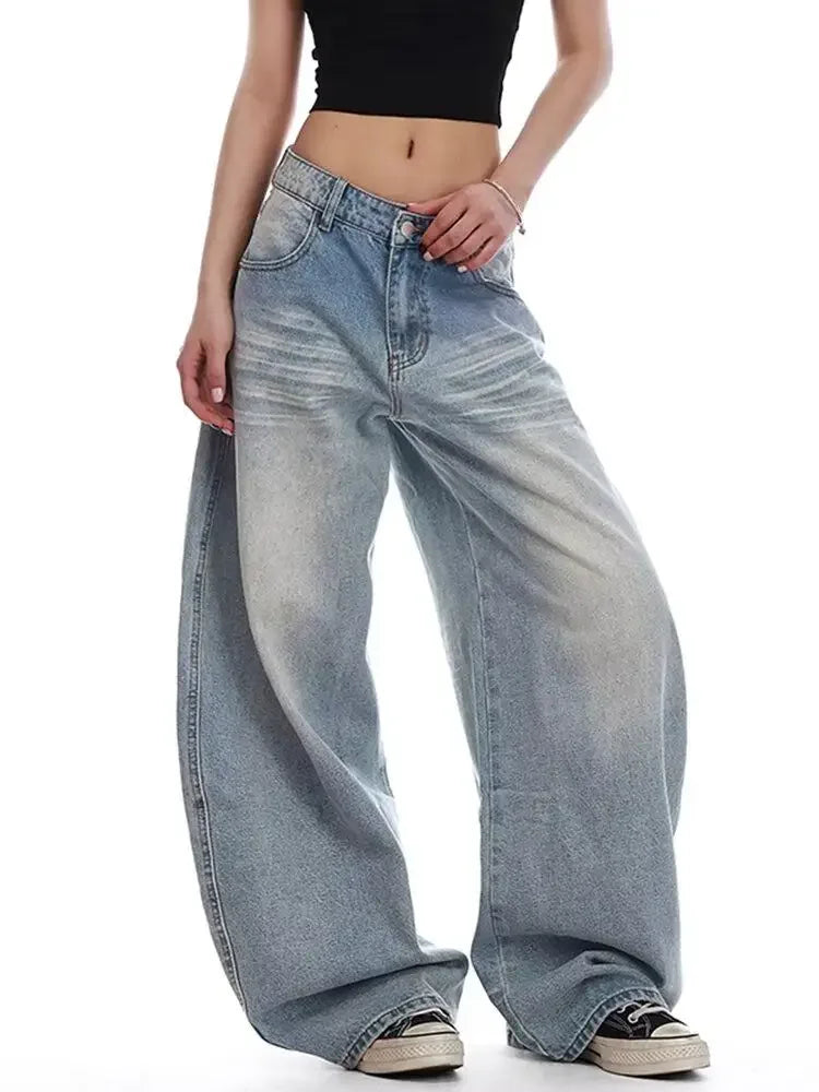 Jeans Casual Vintage Y2k con Ricami, Blu, Vita Alta, Gamba Larga, Stile Americano Retrò Anni '90