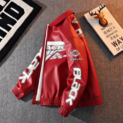 2026 New Men's American Racing Style Printed Leather Jacket Fashion Stand Collar Motorcycle Biker Coat Casual Outerwear PU