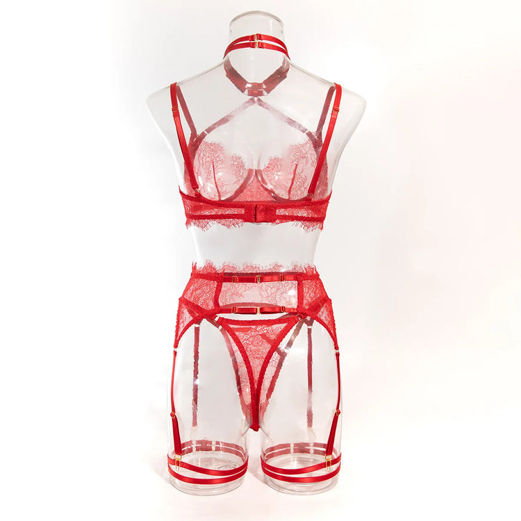 Sexy Lingerie Lace Women's Intimates Sets Sheer See Through Push Up Bra with Garter Belt Fancy Luxury Underwear Erotic Outfits