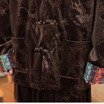 Giacca in velluto da uomo in stile cinese con stampa drago camicie da uomo tradizionale abito Tang Kung Fu Tai Chi camicie casual retrò abbigliamento da uomo
