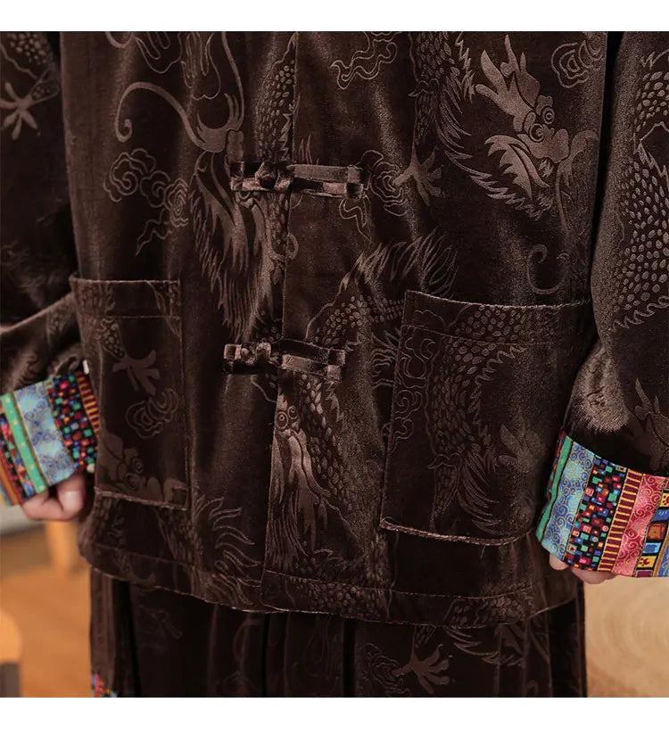 Giacca in velluto da uomo in stile cinese con stampa drago camicie da uomo tradizionale abito Tang Kung Fu Tai Chi camicie casual retrò abbigliamento da uomo
