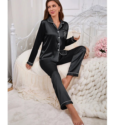 Vestiti per la casa delle donne Pigiama in raso Autunno Tasca a maniche lunghe Ricamo a forma di cuore Top e pantaloni Pigiama Femme Loungewear Pj Set