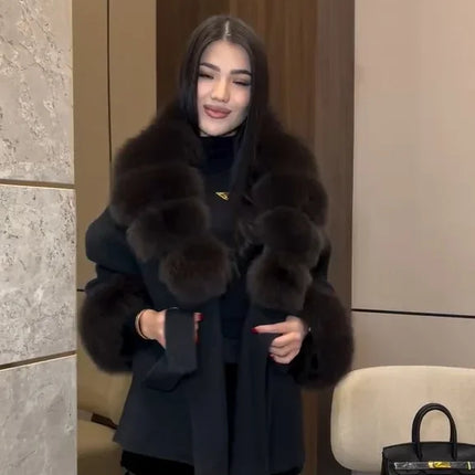 Solid Color Faux Fur Collar Cuff Wool Coat Women Belted Waist Short Jacket 2026 Winter Lady Street Daily Party Casual Outwear