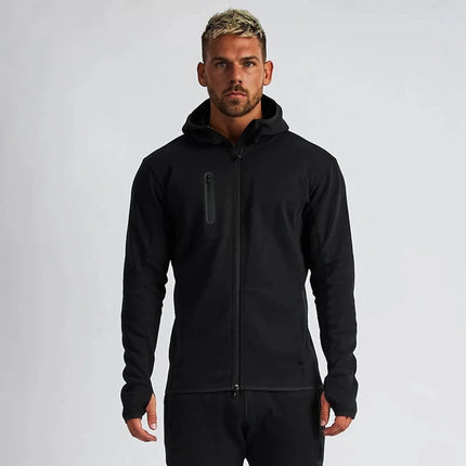 Men's Cotton Training Sets Gym Sportswear Zipper Hoodie Casual Sports Hooded 2-piece Top with Pants Black Sweatshirts Sweatpants PlatiNum