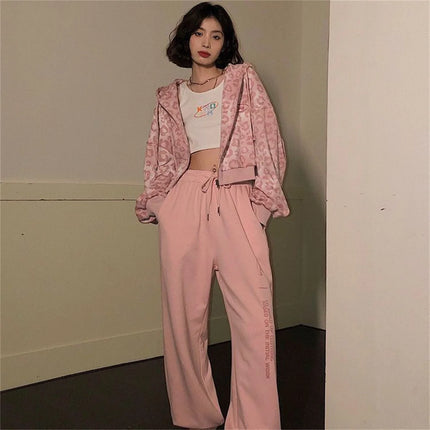 Cool Pink Leopard Print Hoodie Sweatshirt Women Spring Autumn Punk Hoodies Tops Females Outwear Clothes Zip Up Crop Tops Girl