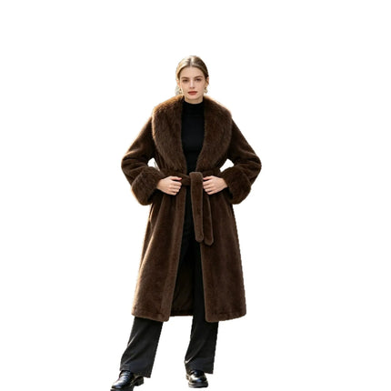 Women's Winter Trench Coat with Large Lapels, Faux Fox Fur Long Coat, Over-the-Knee Jacket