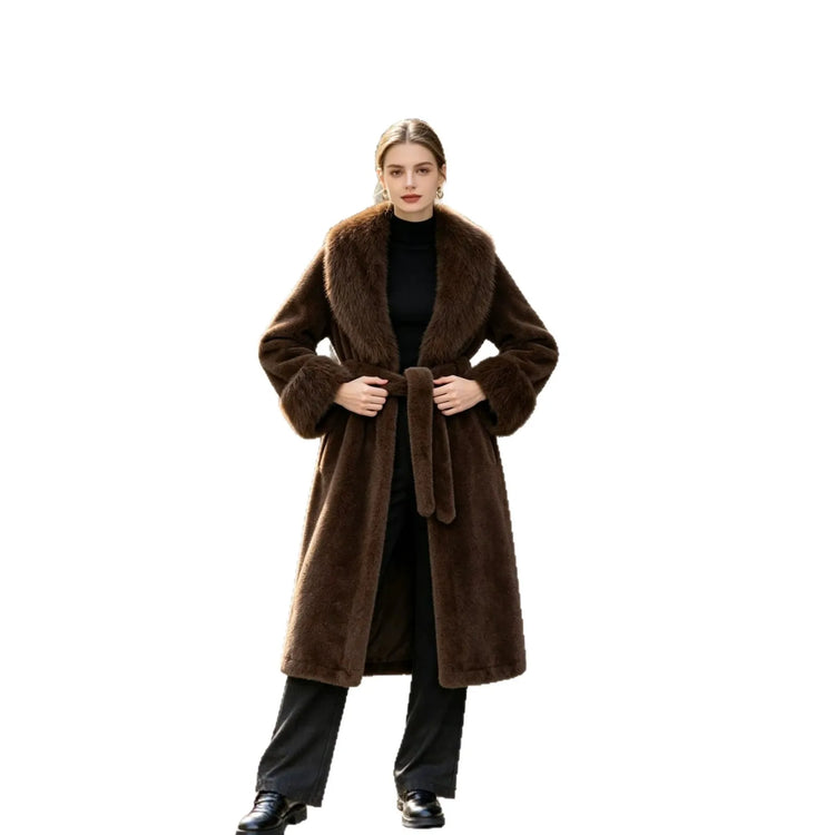 Women's Winter Trench Coat with Large Lapels, Faux Fox Fur Long Coat, Over-the-Knee Jacket