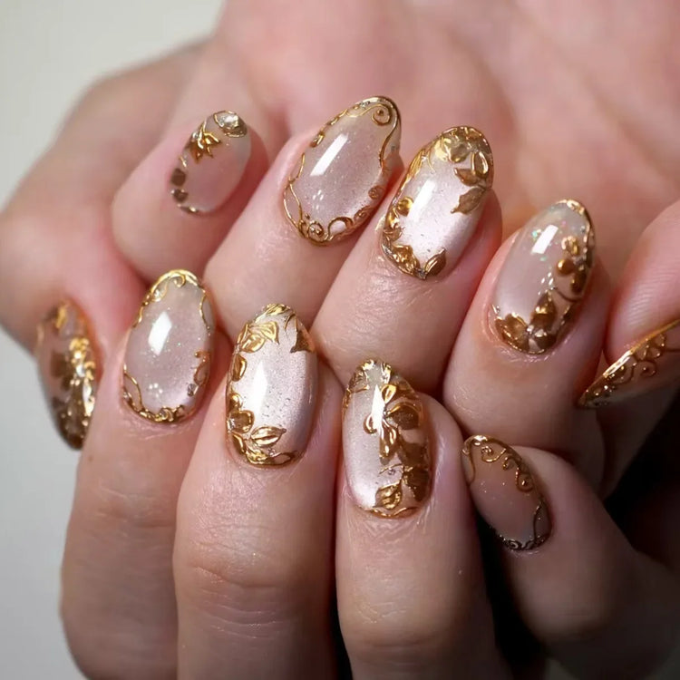 24Pcs Medium Almond Nude‑Pink 3D Textured Metallic Cat‑Eye French Sheer Press‑On False Nails For Nail Art Decor