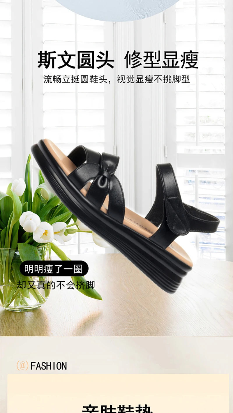Mom's Shoes Sandals Going Out Flat Summer New Comfortable Lightweight Versatile Leather Sandals For Middle-Aged Elderly People
