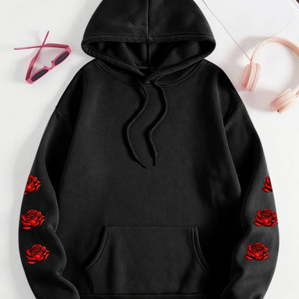 Oversized Y2K Skull and Rose Pattern - Hoodie - Soft Casual Long Sleeve Pocket, Comfortable Women's Oversized Daily Clothing