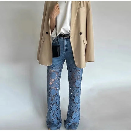 Jeans a Vita Alta e Gamba Larga, Pantaloni Estivi alla Moda con Inserti in Pizzo, Jeans in Denim Traforato e Drappeggiato, Jeans da Donna in Cotone con Cerniera per Primavera