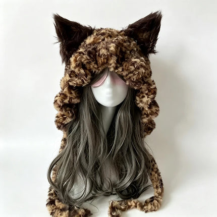 Custom Handmade Crochet Moss Green Fox Ear Hat Women Plush Floral Knitted Beanie Men Goblincore Cosplay Forest Winter Warm Hood