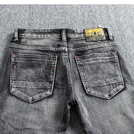 Italian Style Fashion Men Jeans Retro Gray Elastic Slim Fit Ripped Jeans Men Trousers Vintage Designer Casual Denim Pants Hombre PlatiNum