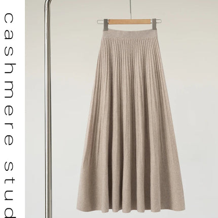 New Arrivals Women Cashmere A-line Skirt Elastic Waist Pleated Skirt 100% Cashmere Knitted Autumn Winter Thin Office Lady Dress PlatiNum