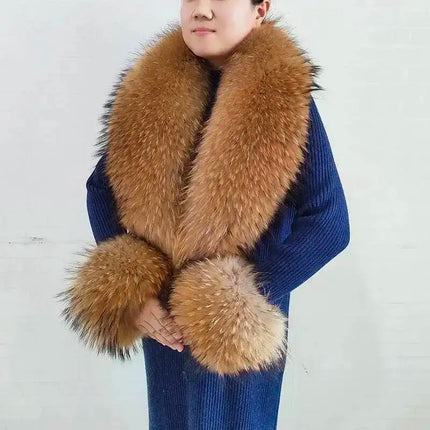 Real Fur Collar And Cuffs Set Winter Coat Accessories Women Fluffy Large Fur Shawl Neak Warm Fox Fur Scarf Furry Scarves Female