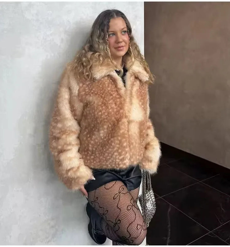 ZADORIN Chic Turn Down Collar Deer-print Cropped Fluffy Faux Fur Coat Woman Elegant Warm Faux Fur Jackets Woman Winter Coat Tops