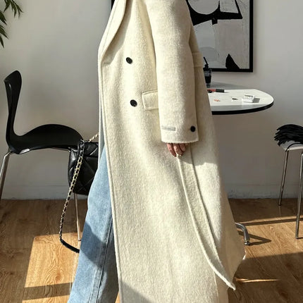 High-end White Thick Double-sided Wool Cashmere Coat Long Women Fashion Casual Loose Lapel Lace-up Woolen Jacket Autumn Winter