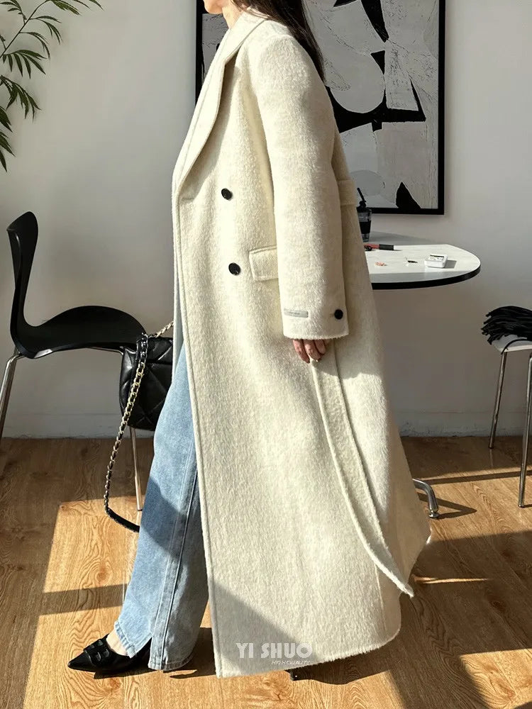 High-end White Thick Double-sided Wool Cashmere Coat Long Women Fashion Casual Loose Lapel Lace-up Woolen Jacket Autumn Winter