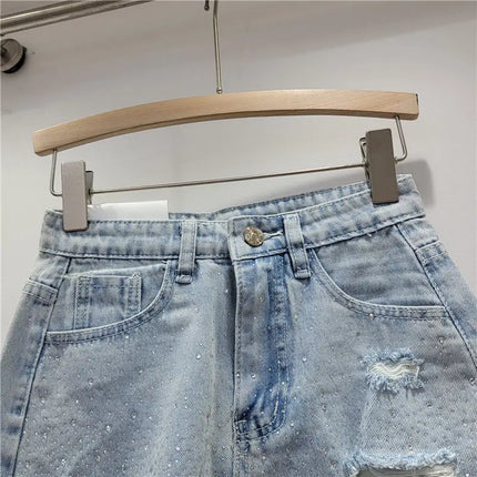 Women's Rhinestone Denim Shorts, High Waist, Stretchy, Vintage Wash, Distressed Effect, Summer 2026 Streetwear Style