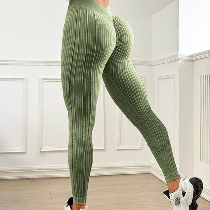 Womens Sand Washed Ribbed Leggings High Waisted Yoga Leggings V Shaped Waistband Peach Booty Lifting Fitness Pants for Workout PlatiNum