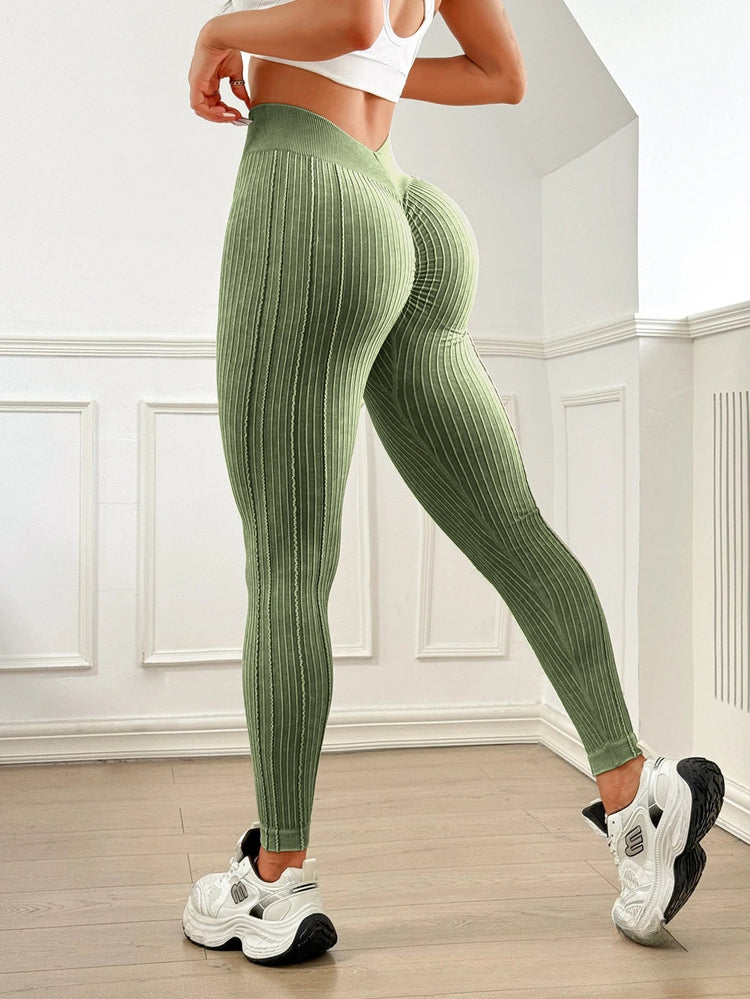 Womens Sand Washed Ribbed Leggings High Waisted Yoga Leggings V Shaped Waistband Peach Booty Lifting Fitness Pants for Workout PlatiNum