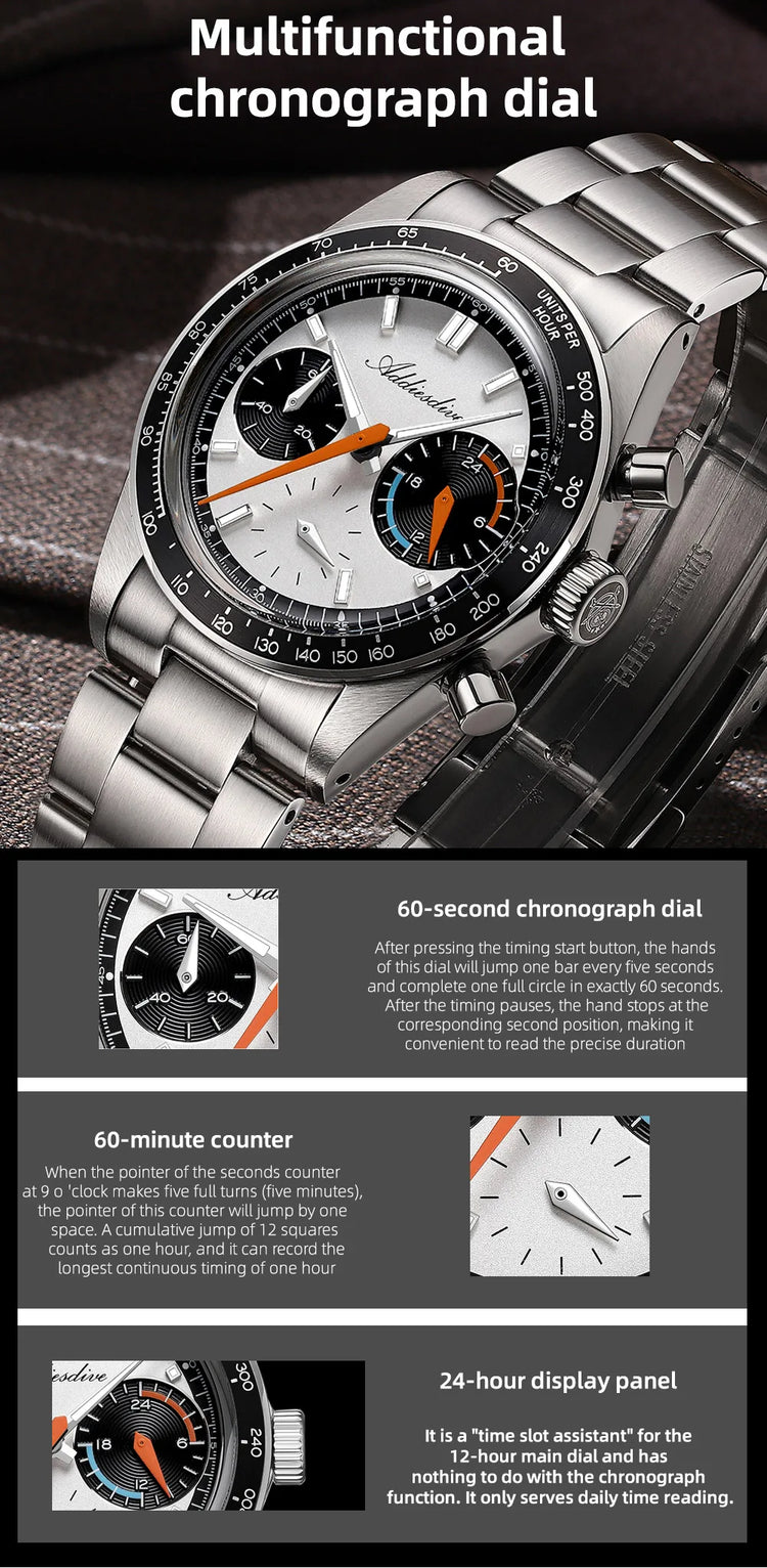 ADDIESDIVE 37mm Watch For Men Chronograph 10Bar Diver BGW9 Luminous Bubble Mirror Glass AD2539 Aluminum Ring VK63 Quartz Watches