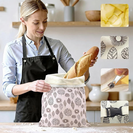 Borsa per Pane in Cotone Riutilizzabile con Chiusura a Fibbia, 2 Pezzi, 43x33cm, Tessuto Traspirante per Cucina e Viaggi