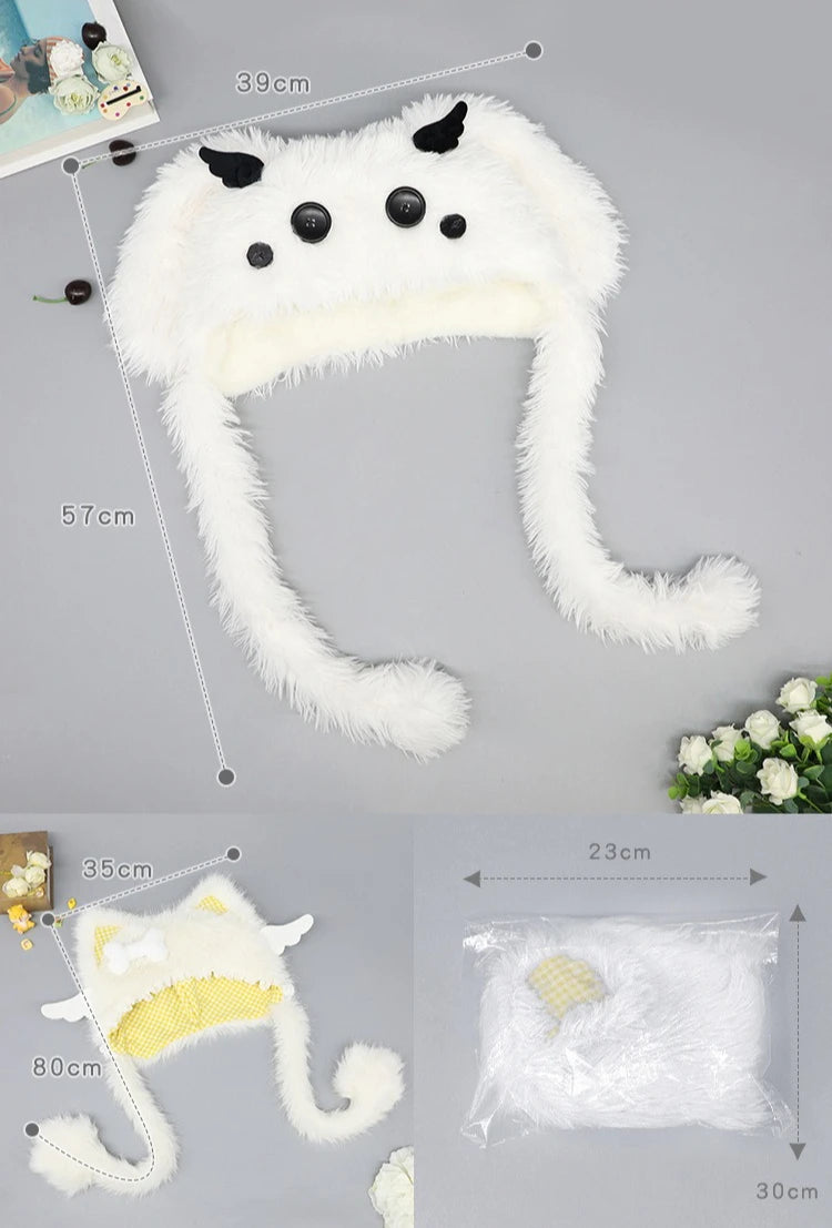 Y2K Gothic Punk Cat Ear Hat with Cross Wing Chain Decoration Plush Warm Winter Subculture Goth Rock Musi Cap Bombero Gorro Ruso