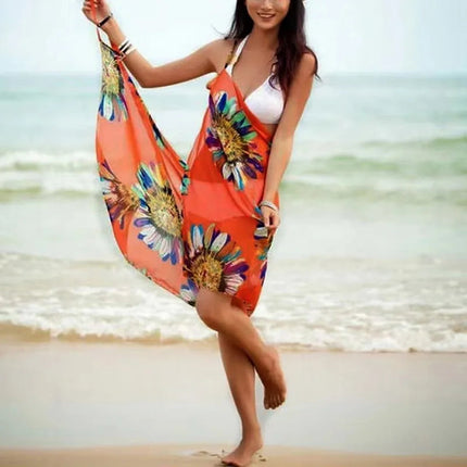 Copricostumi stampati Abito da spiaggia sexy Donna Halter Sling Chiffon Asciugamano da spiaggia Bikini Wrap Pareo Gonne Costumi da bagno aperti sul retro platinumshop
