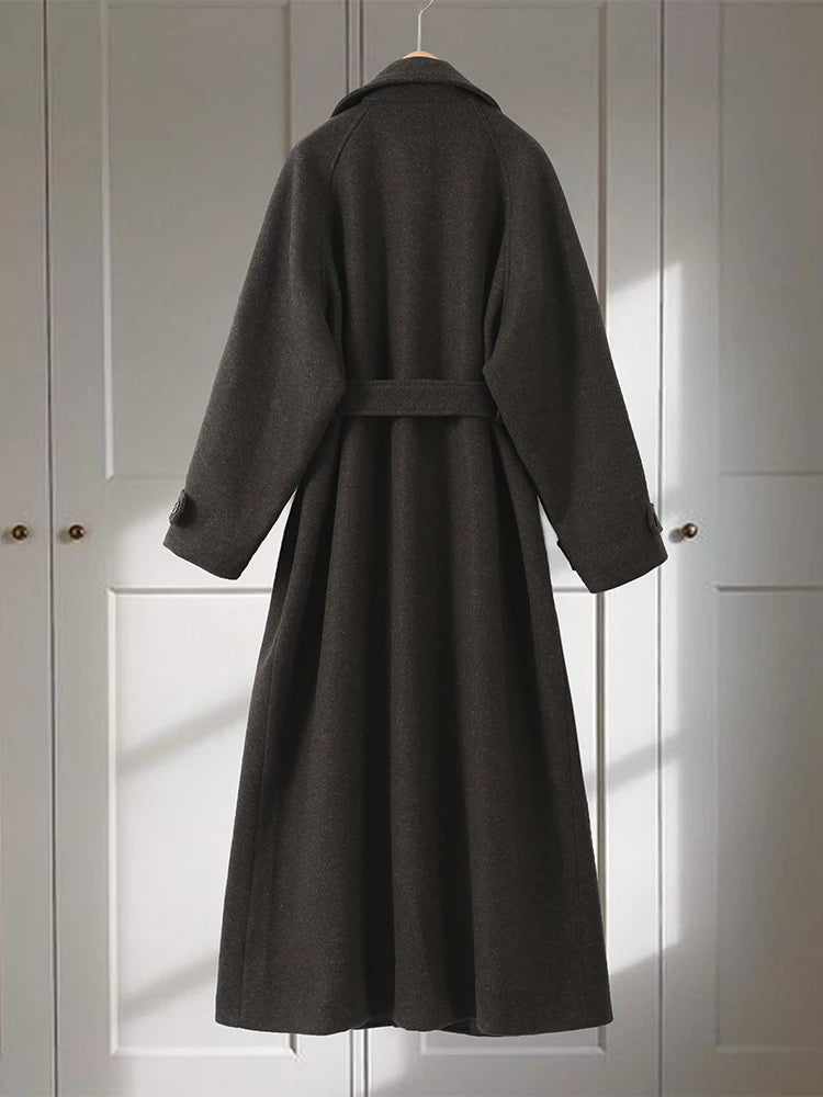 Women's Long Woolen Overcoats Stand Collar Single Breasted Lace Up Oversized Coat Autumn Winter Female Loose New Chic Outerwears
