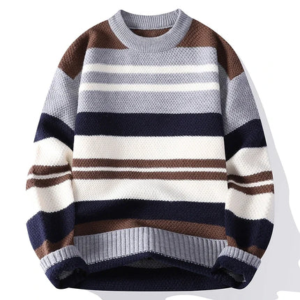 Autumn Winter Warm Casual Pullovers Men Knitted Sweater Fashion Patchwork Striped Loose Hip Hop Knit Streetwear Pull On Sweaters
