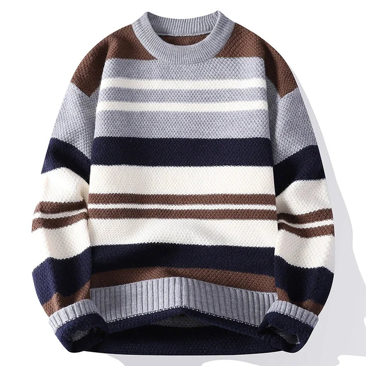 Autumn Winter Warm Casual Pullovers Men Knitted Sweater Fashion Patchwork Striped Loose Hip Hop Knit Streetwear Pull On Sweaters