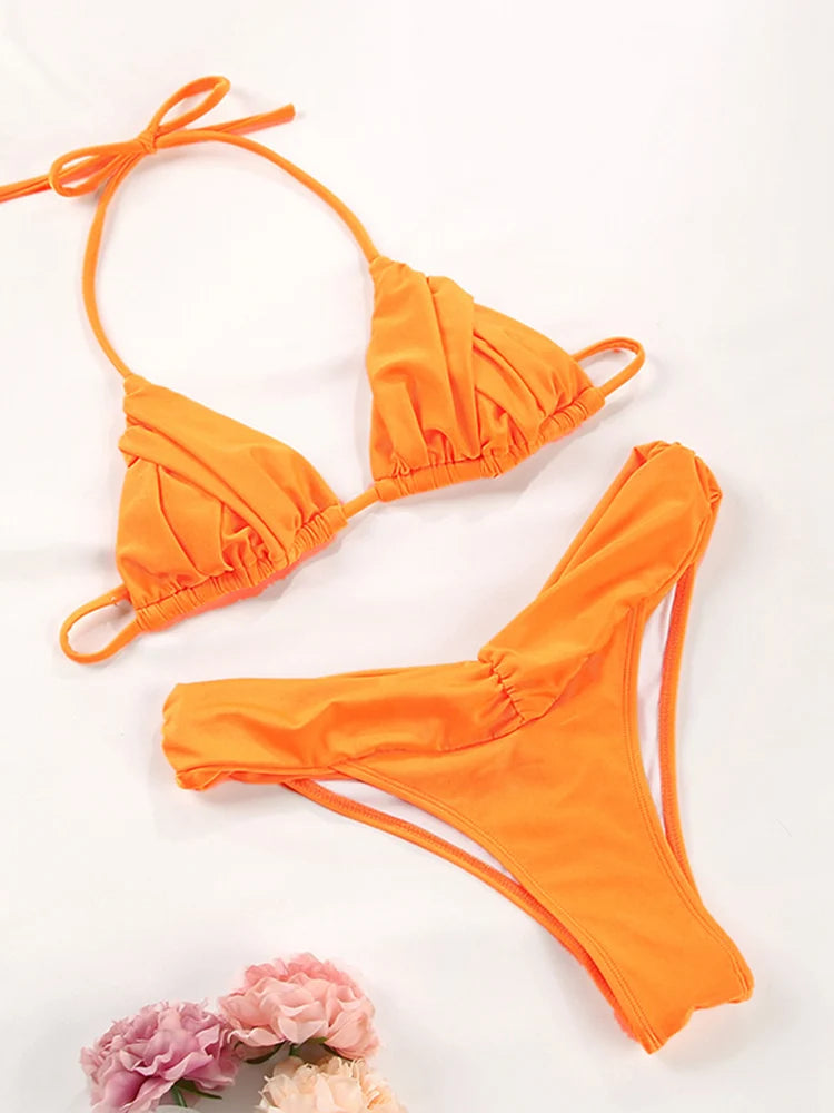 Costume da bagno bikini con pieghe sexy Micro bikini solido Costume da bagno donna Triangolo femminile Costume da bagno da spiaggia platinumshop