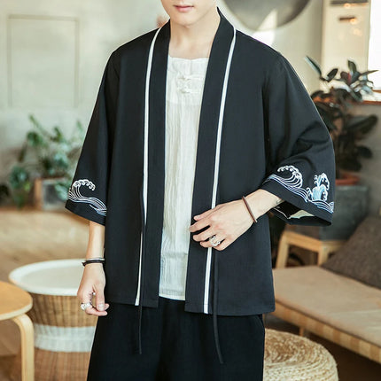 Japan Samurai Shirt uomo ricamato Kimono giapponese manica corta Cardigan uomo estate sottile moda Casual Yukata Cardigan Top uomo