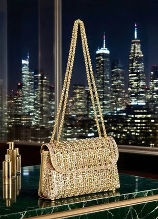 Fashionable Retro Diamond Studded Gold Chain Women's Crossbody Bag Handbag Dinner Bag Underarm Bag Single Shoulder Bag PlatiNum
