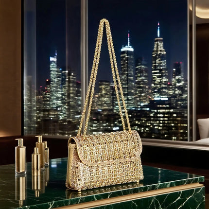 Fashionable Retro Diamond Studded Gold Chain Women's Crossbody Bag Handbag Dinner Bag Underarm Bag Single Shoulder Bag PlatiNum