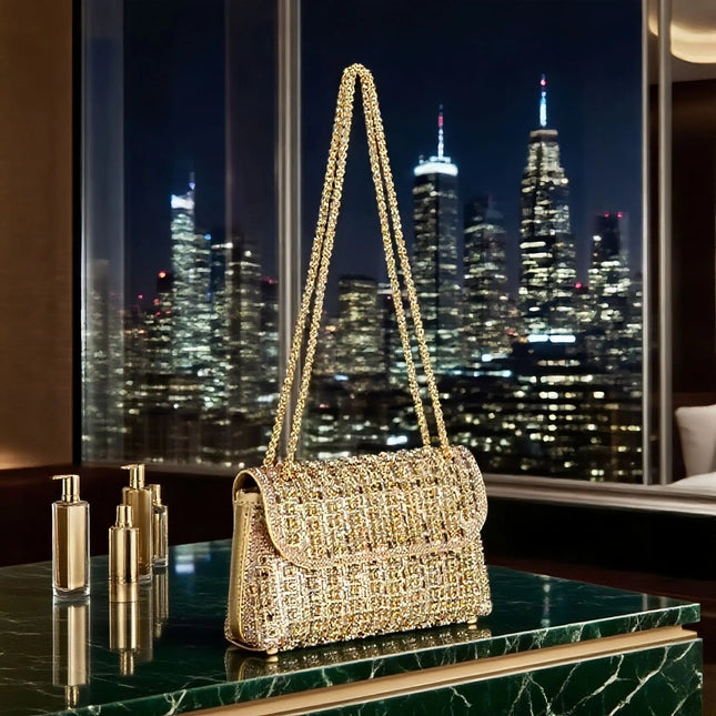 Fashionable Retro Diamond Studded Gold Chain Women's Crossbody Bag Handbag Dinner Bag Underarm Bag Single Shoulder Bag PlatiNum