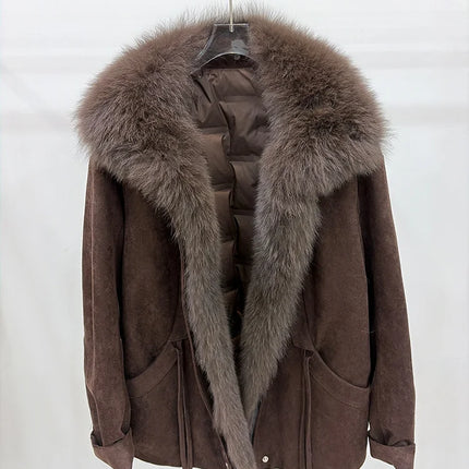 2026 Autumn Winter Women's White Goose Down Coats Natural Real Fox Fur Collar Jacket Outwear Luxury Female Jacket