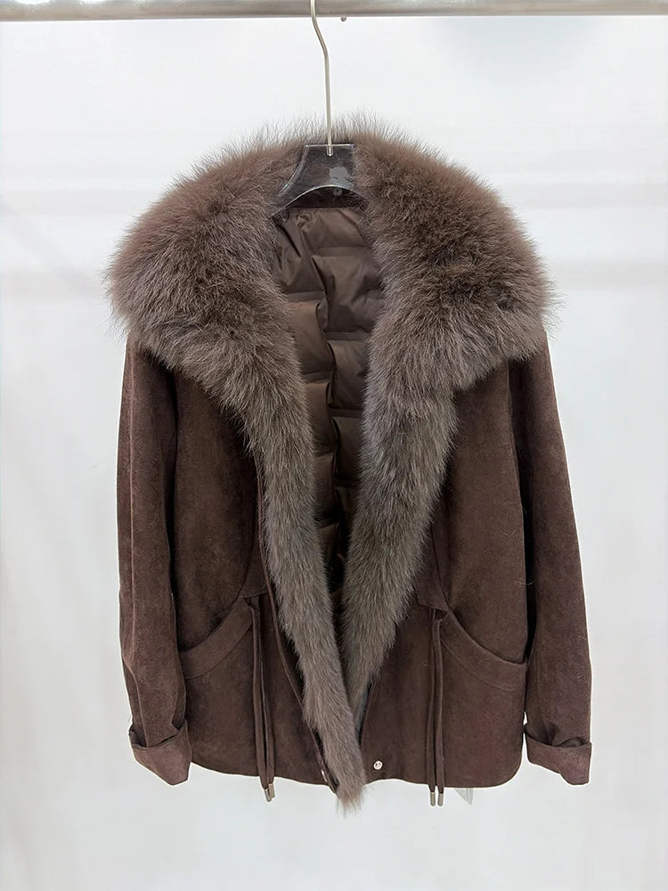 2026 Autumn Winter Women's White Goose Down Coats Natural Real Fox Fur Collar Jacket Outwear Luxury Female Jacket