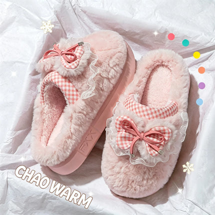 Kawaii Winter Warm Cotton Slippers Women Plaid Bowknot Lace Ruffle Plush Thick Platform Non-Slip Indoor Casual Shoes