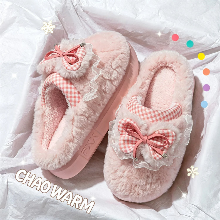 Kawaii Winter Warm Cotton Slippers Women Plaid Bowknot Lace Ruffle Plush Thick Platform Non-Slip Indoor Casual Shoes