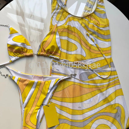 Set Bikini Giallo di Lusso per Donna con Logo Firmato, Abiti in Rete di Marca alla Moda, Abbigliamento da Spiaggia platinumshop