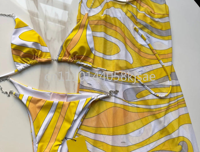 Set Bikini Giallo di Lusso per Donna con Logo Firmato, Abiti in Rete di Marca alla Moda, Abbigliamento da Spiaggia platinumshop