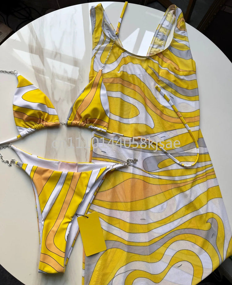 Set Bikini Giallo di Lusso per Donna con Logo Firmato, Abiti in Rete di Marca alla Moda, Abbigliamento da Spiaggia platinumshop