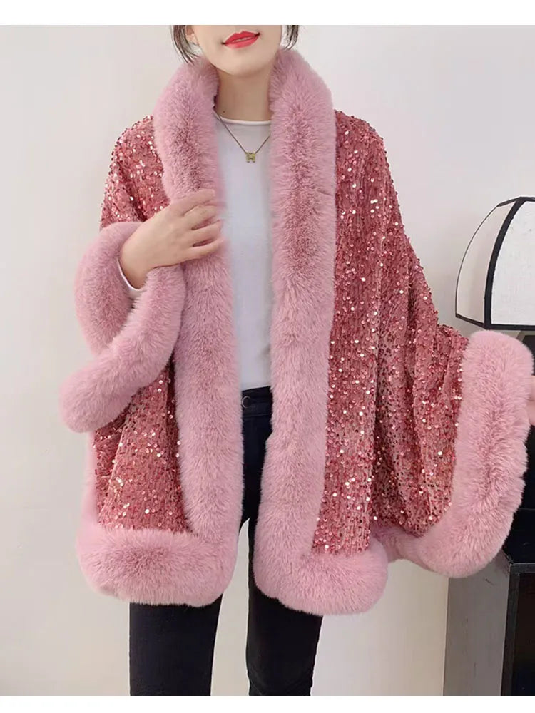 ZADORIN Fashion Sequins Long Furry Warm Faux Fur Coat Woman Autumn Winter Fur Cape Ponch Wedding Party Fur Shawl Cloak Cardigans