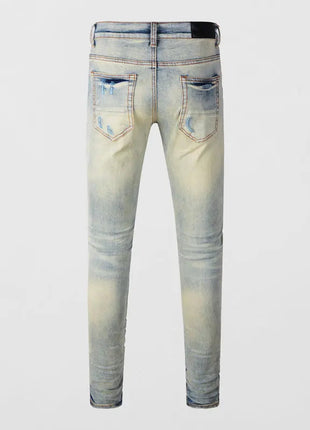 Designer High Street Fashion New Light Blue Men's Jeans Stretch Slimming White Leather Patch Hip Hop Brand Pants HombreY2K PlatiNum
